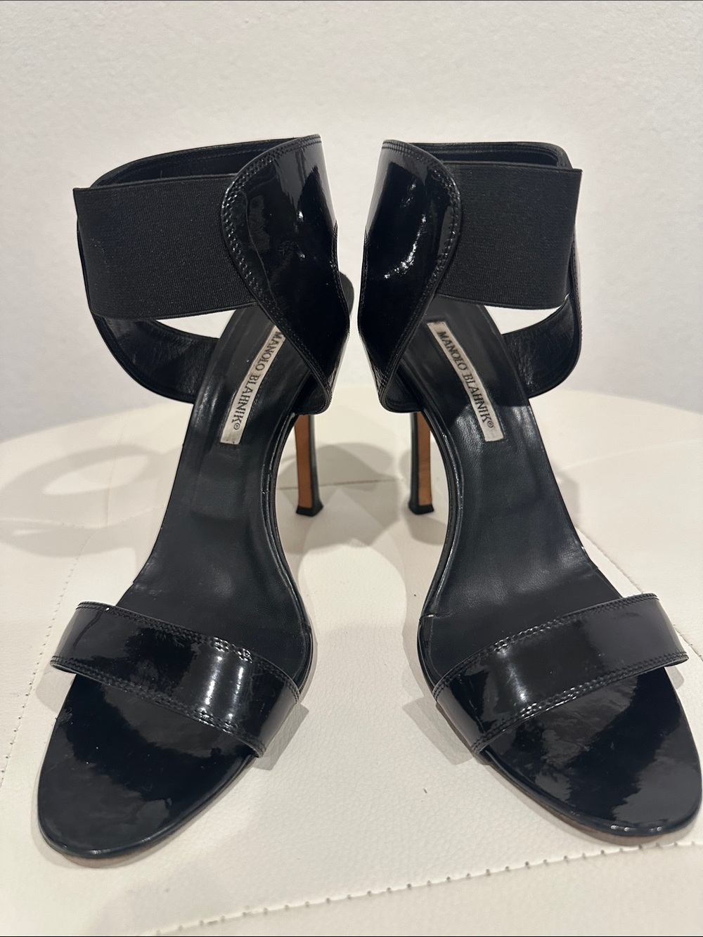 Manolo Blahnik Black Patent Ankle-Strap Stiletto Sandals